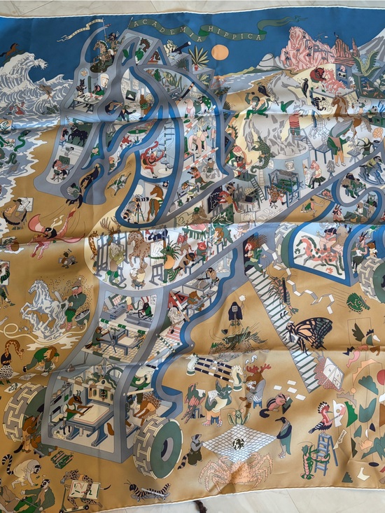 Hermes Accessories - AUTH HERMES FRANCE BLUE BEIGE ACADEMIA HIPPICA HORSE SILK SCARF 90 CM W/ BOX
